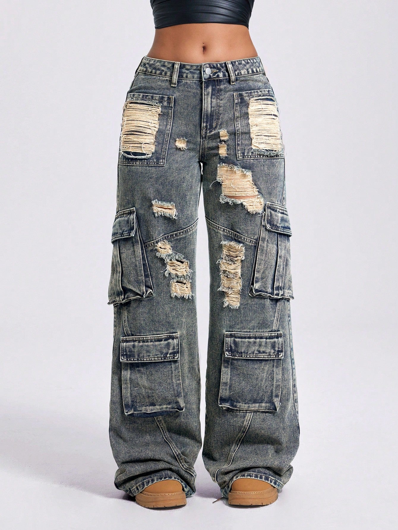 Women’s Acid-Wash Low Rise Baggy Jeans – Vintage Wide Leg Utility Grunge Denim Pants