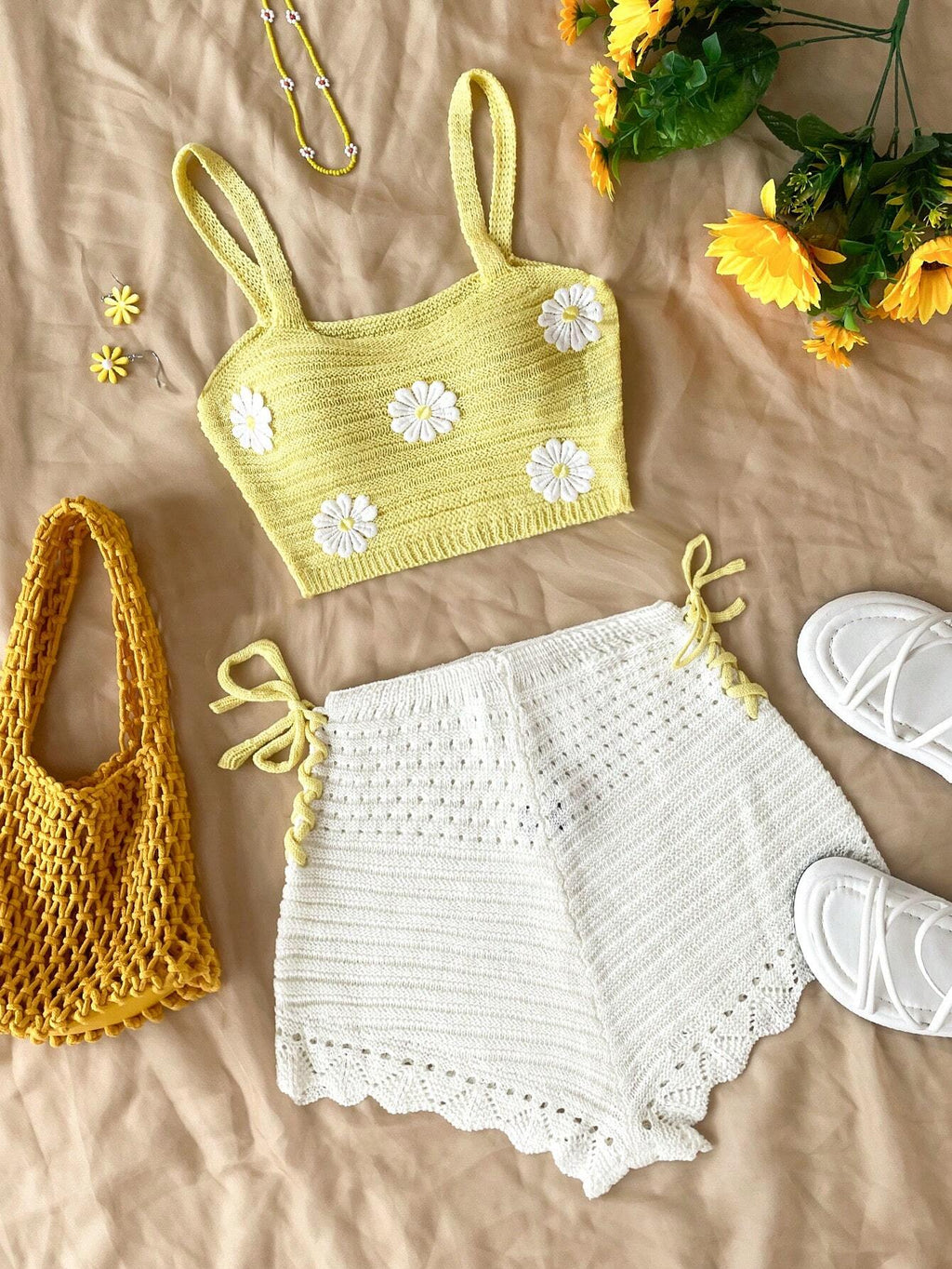 Women’s Yellow Crochet Top & White Shorts Set – Floral Embellished Vacation Outfit Two-Piece