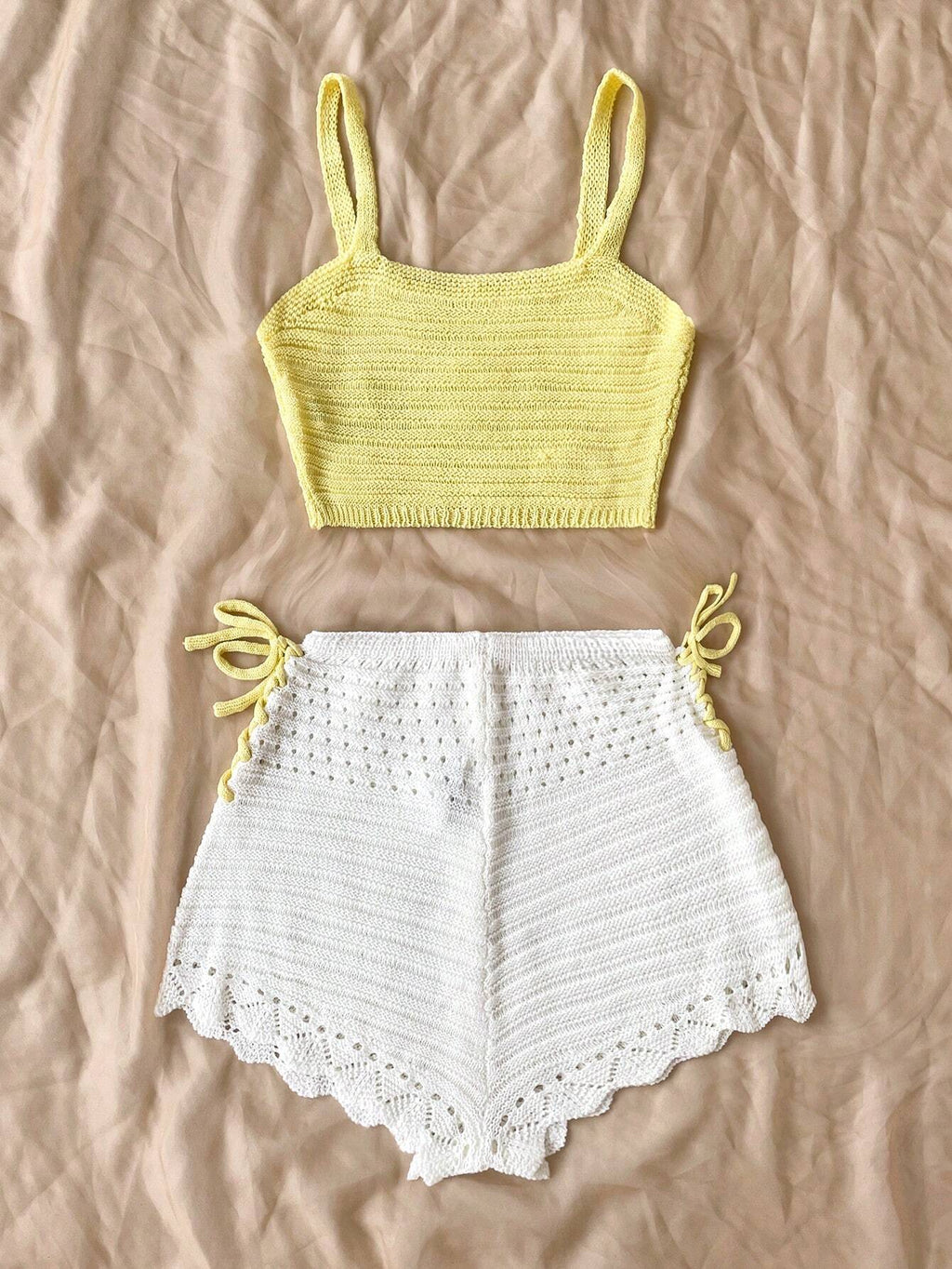 Women’s Yellow Crochet Top & White Shorts Set – Floral Embellished Vacation Outfit Two-Piece