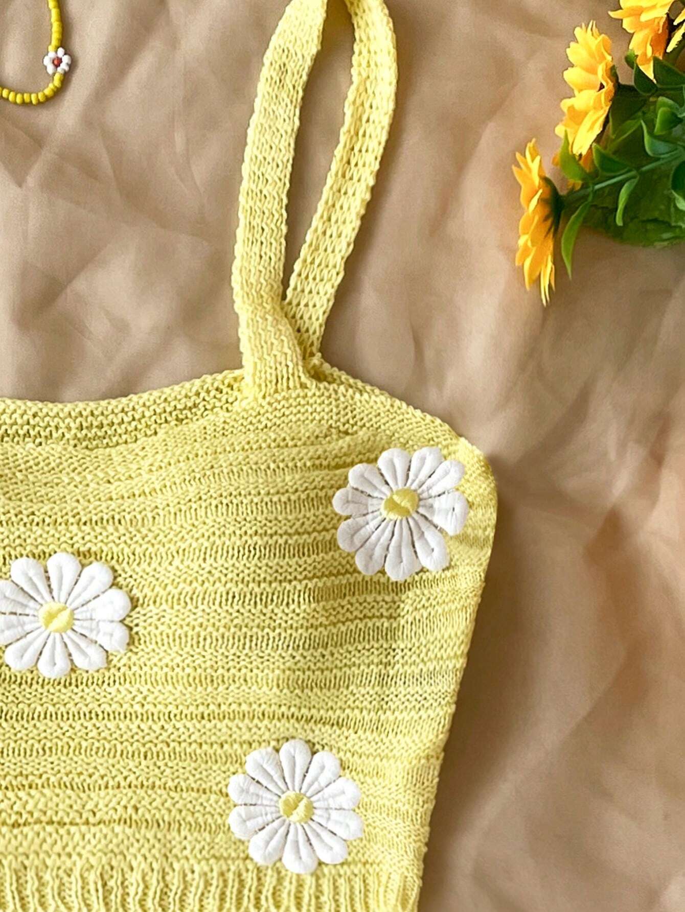 Women’s Yellow Crochet Top & White Shorts Set – Floral Embellished Vacation Outfit Two-Piece