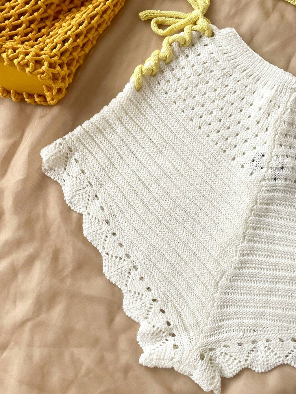 Women’s Yellow Crochet Top & White Shorts Set – Floral Embellished Vacation Outfit Two-Piece