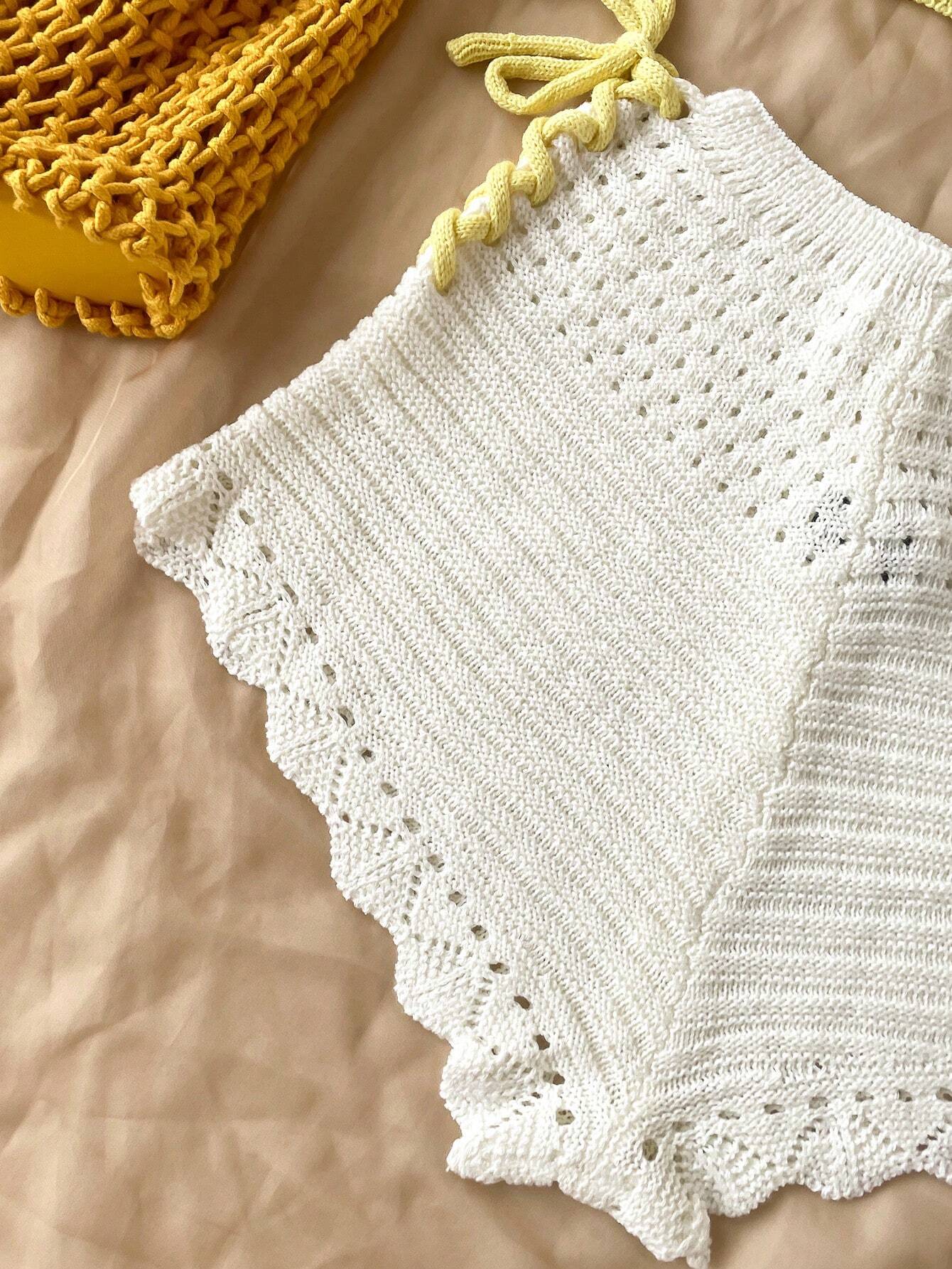 Women’s Yellow Crochet Top & White Shorts Set – Floral Embellished Vacation Outfit Two-Piece