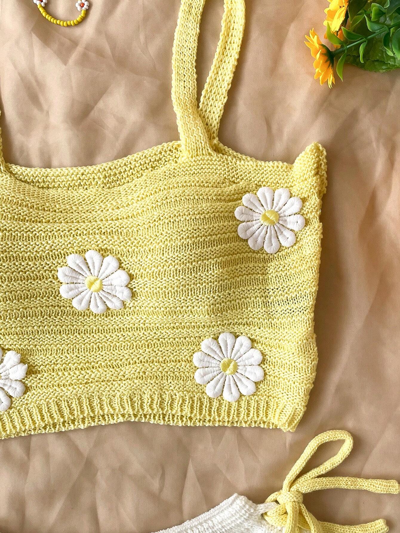 Women’s Yellow Crochet Top & White Shorts Set – Floral Embellished Vacation Outfit Two-Piece