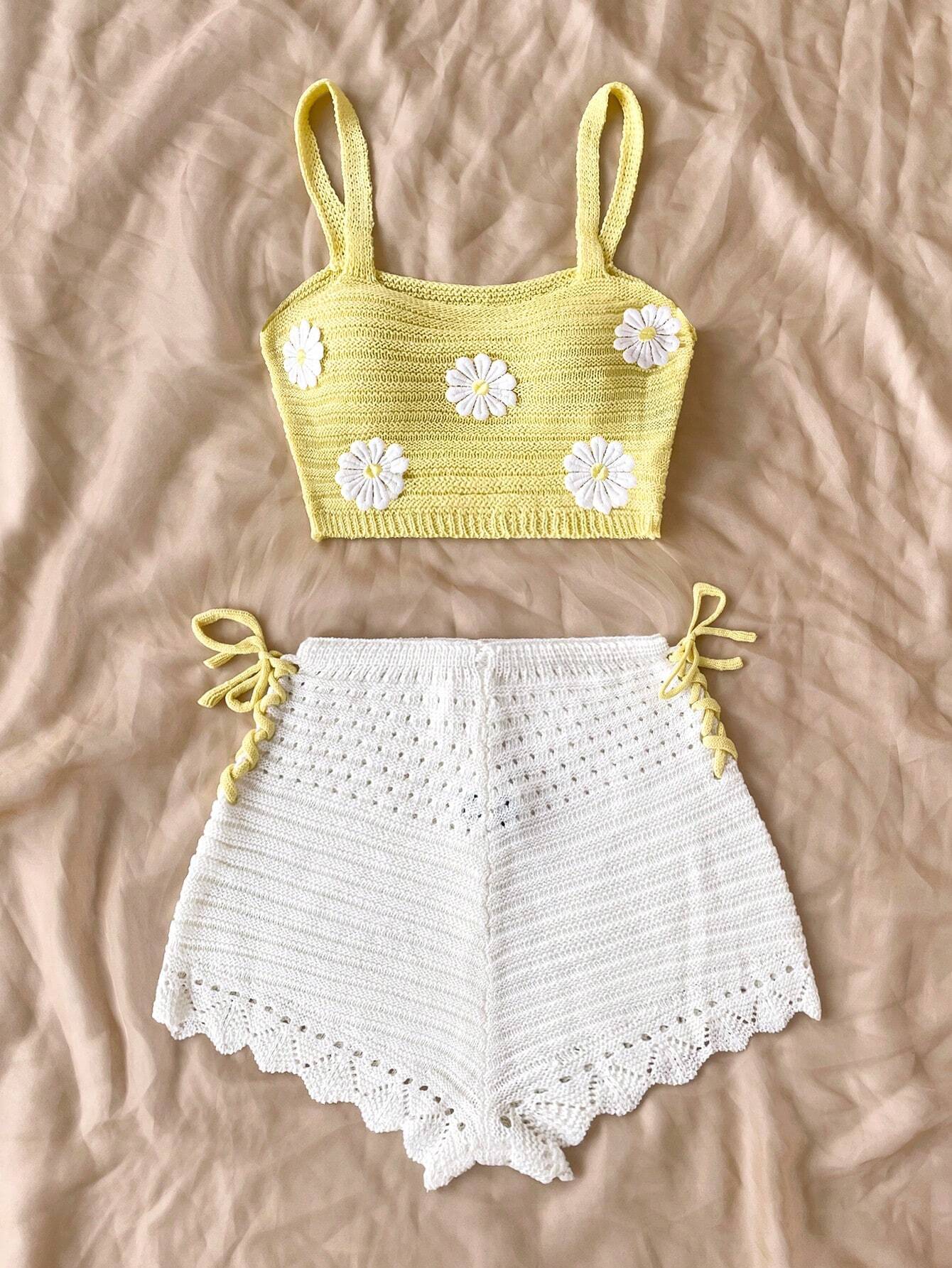 Women’s Yellow Crochet Top & White Shorts Set – Floral Embellished Vacation Outfit Two-Piece