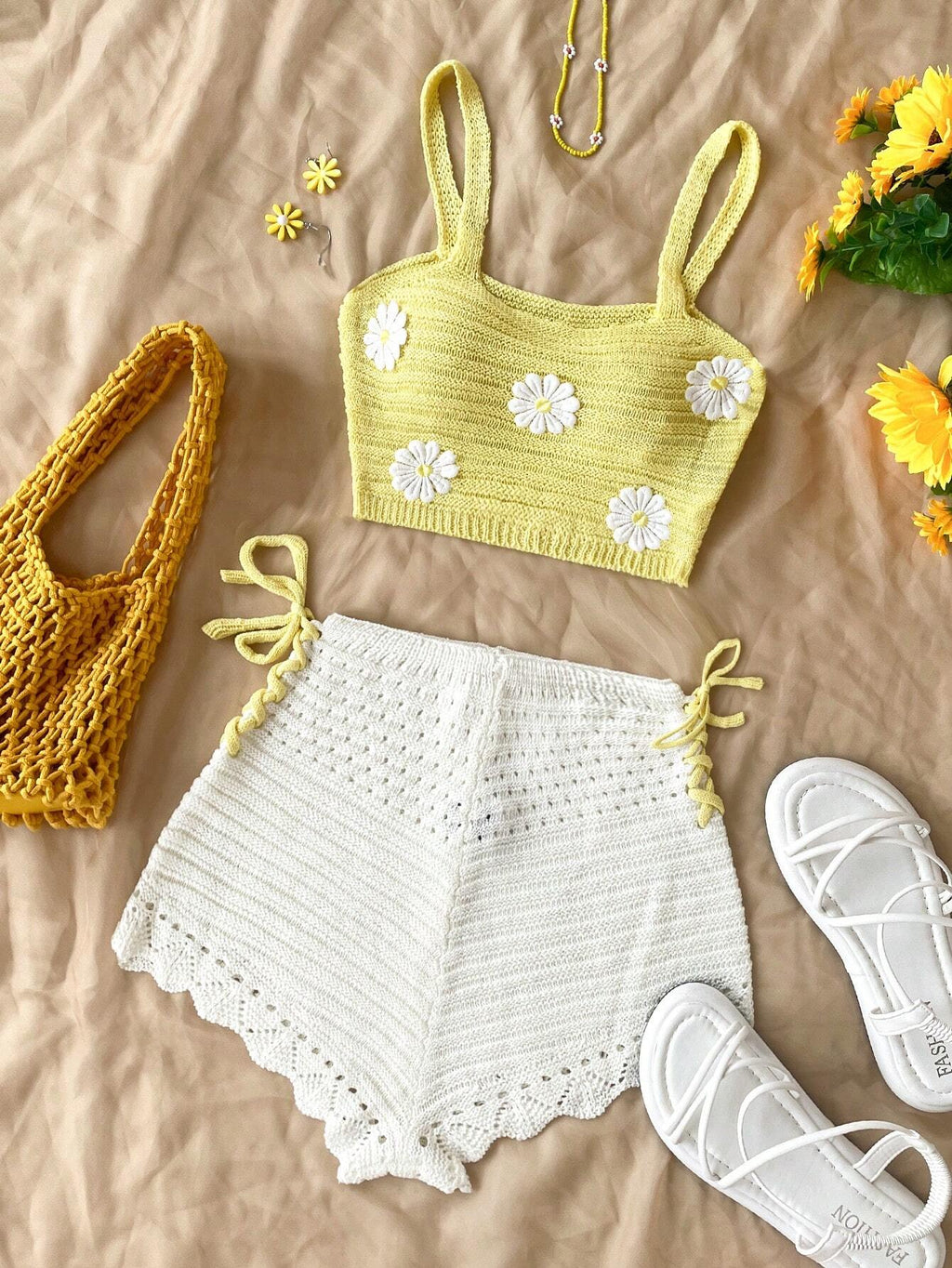 Women’s Yellow Crochet Top & White Shorts Set – Floral Embellished Vacation Outfit Two-Piece