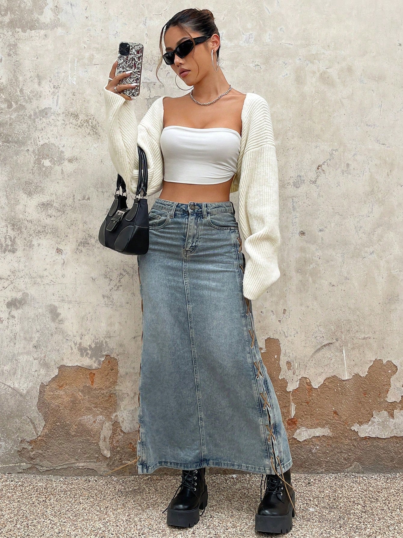 Women’s Y2K Grunge Cropped Cardigan – Drop Shoulder Open Front Knit Casual Layering Top